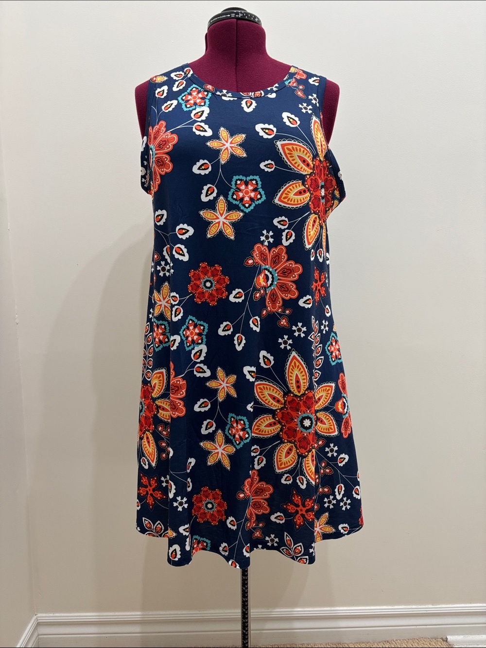 Navy Floral Sleeveless Dress - Vibrant Red & Yellow Print